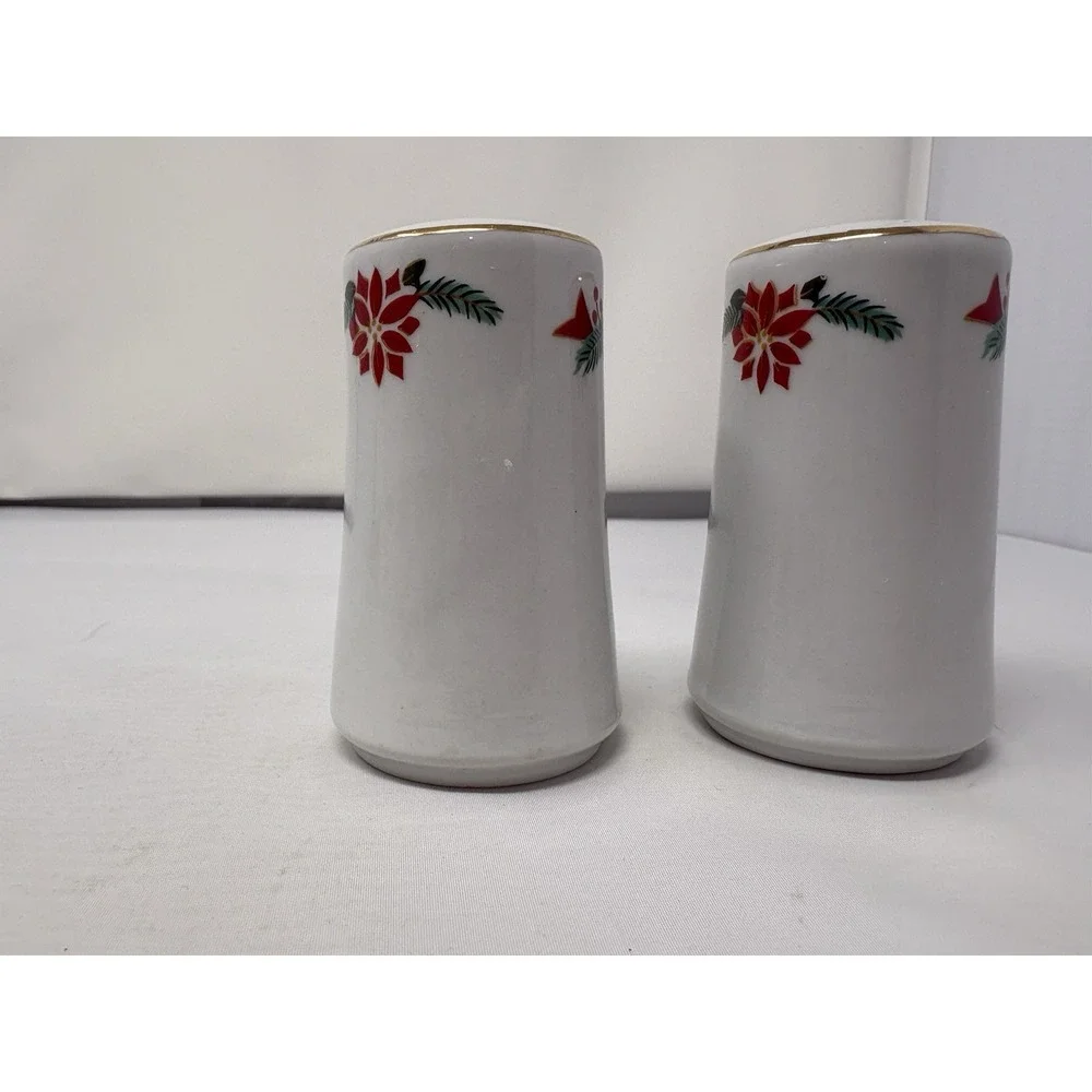 Vintage Elegant Christmas Poinsettia & Ribbons Ceramic Salt & Pepper Shakers